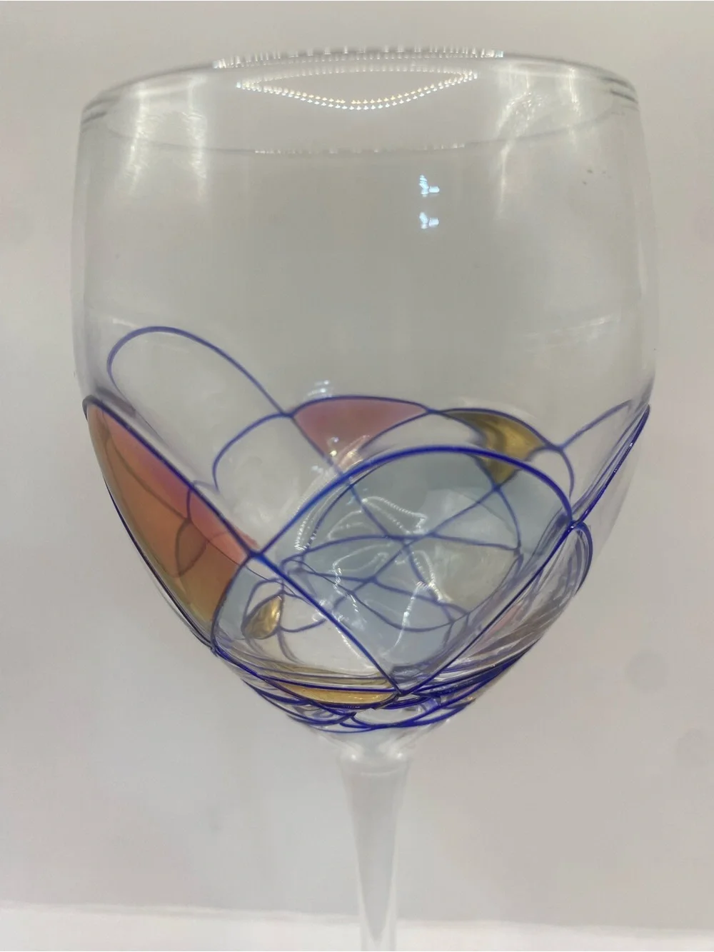 Set of 2 Vintage Mosaic Abstract Stained Glass Design Hand-Blown Wine Glasses